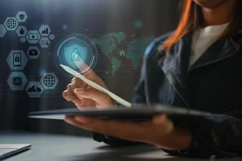 Cyber security and data protection. Businesswoman touching security lock icon Stock Photos