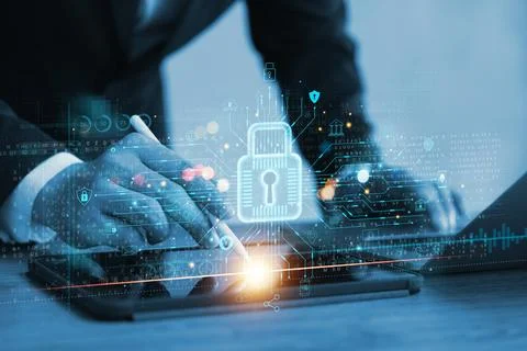 Cyber ??security and data protection, businessman using laptop Internet net.. Stock Photos