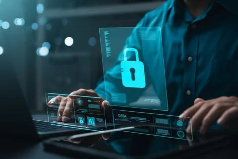 Cyber ??security and data protection, businessman uses tablet to connect ne.. 写真素材