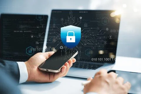 Cyber security and data protection, businessman using laptop tablet with .. Stock Photos