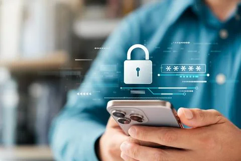 Cyber ??Security and Data Protection, Businessman Using Smartphone to Encry.. Foto stock