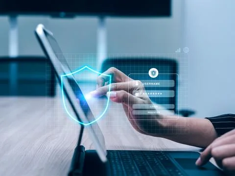 Cyber security and data protection technology concept. Shield icon showing .. Foto stock