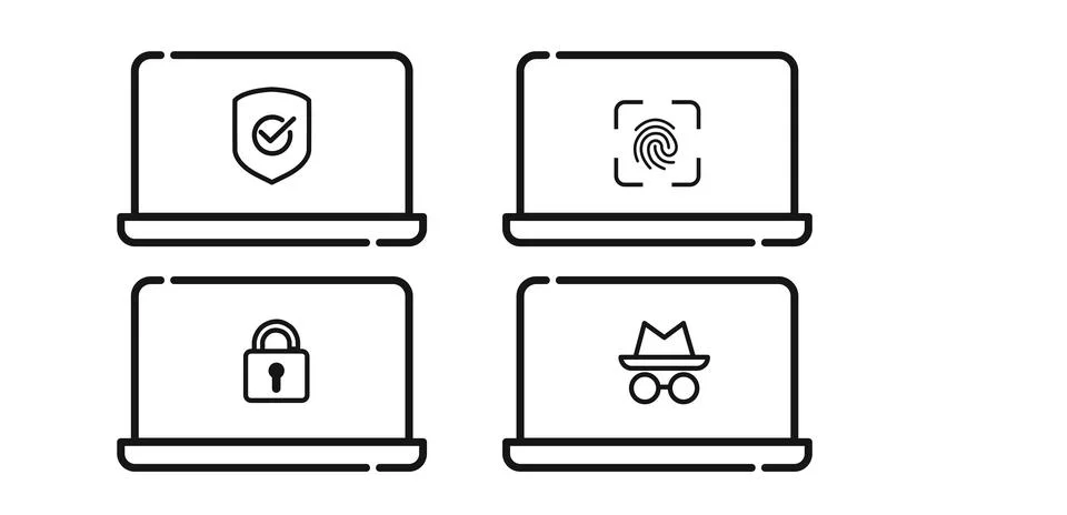 Cyber security and digital privacy laptop set 스톡 일러스트