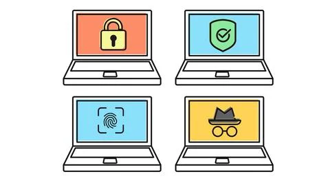 Cyber security and digital privacy laptop icons Stock Illustration