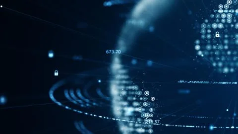Cyber security and global communication concept. Analysis of information. Tec Illustrazione stock