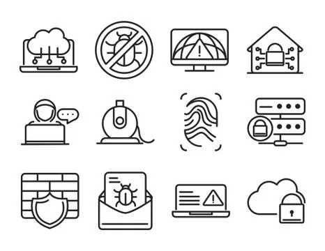 Cyber security and information or network protection icons set line style Stockillustratie