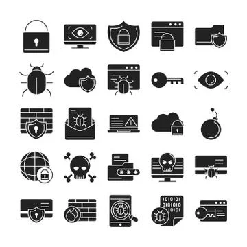 Cyber security and information or network protection icons set line style 스톡 일러스트
