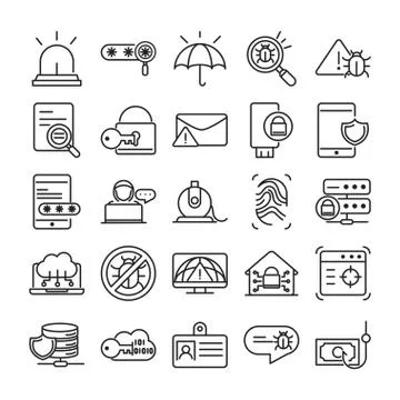 Cyber security and information or network protection icons set line style Illustrazione stock