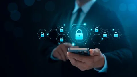 Cyber ??security and internet data protection, businessman using smartphone.. Stock Photos