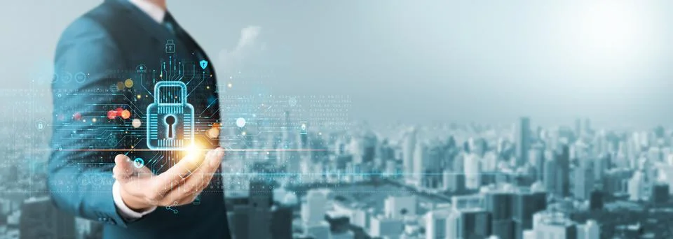 Cyber security and network data protection, businessman holding internet ne.. Stock Photos