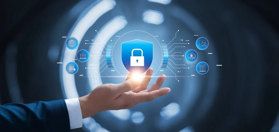 Cyber security and network data protection, businessman holding internet ne.. Foto stock