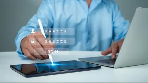 Cyber security and password login concept, Hands uses computer and entering.. Foto stock