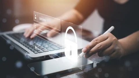 Cyber security and Security password login online concept  Hands typing and e Stock Photos