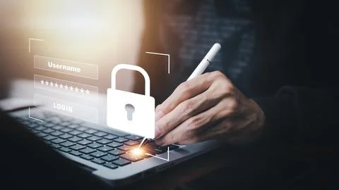 Cyber security and Security password login online concept  Hands typing and e Stock Photos