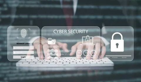 Cyber security and Security password login online concept  Hands typing and e Stock Photos