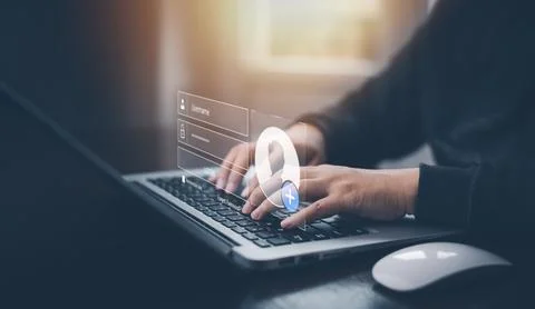 Cyber security and Security password login online concept  Hands typing and e Stock Photos