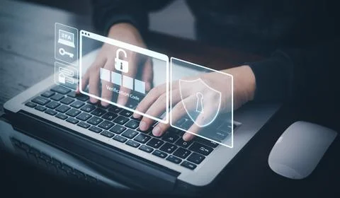 Cyber security and Security password login online concept Hands typing and en Stock Photos