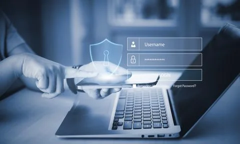 Cyber security and Security password login online concept Hands typing and en Stock Photos