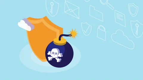 Cyber security animation with bomb danger and shield Stock Footage 137772360