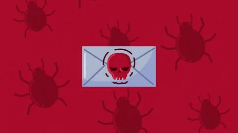 Cyber security animation featuring malicious email with skull and bug virus.. Stock Footage 334267615