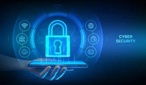 Cyber security app for smartphone protection. Network safety. Padlock with ke Stock Illustration