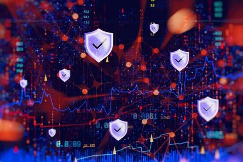 Cyber security background with shield icons, digital networks and financial t 스톡 사진