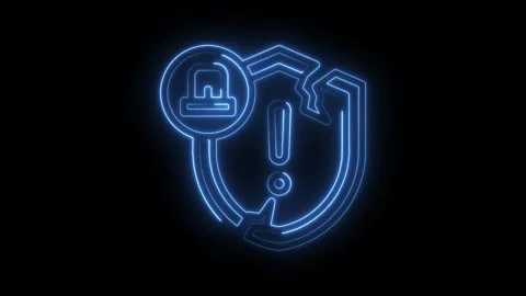 Cyber security breach alert neon style damaged shield with alert symbol glows Stock Footage 346008164