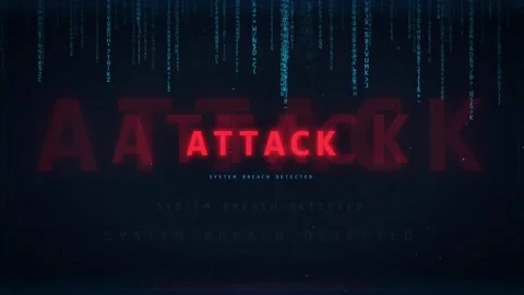 Cyber Security Breach Alert with Red Attack Warning Text and Digital Data Rain Stock Footage 336778335