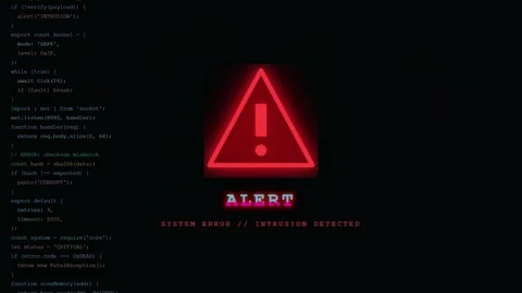 Cyber Security Breach Alert with Red Warning Triangle and Scrolling Computer Stock Footage 345766282