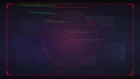 Cyber Security Breach Alert with Scrolling Code and Futuristic HUD Interface Stock Footage 341068842