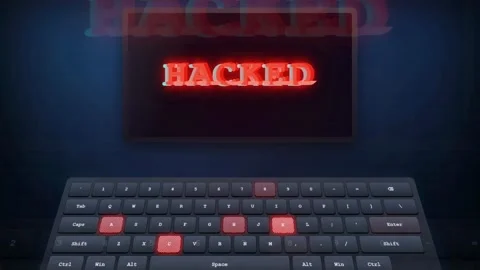 Cyber Security Breach Concept with Hacked Warning Message on Screen and Glowing Stock Footage 341827039