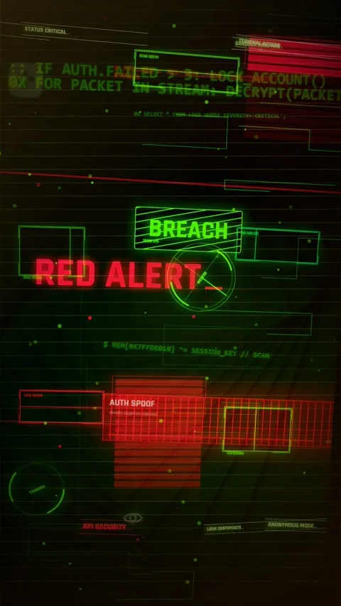 Cyber Security Breach HUD Interface Red Alert Background Stock Footage 335562979