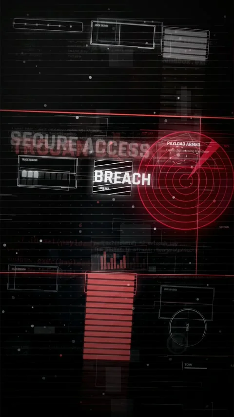 Cyber Security Breach HUD Interface with Red Warning Alerts Stock Footage 335574454