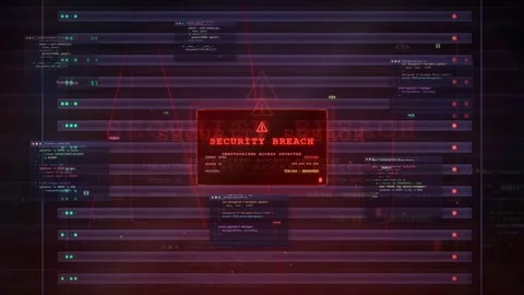 Cyber Security Breach Warning Alert on Digital Code Interface Background Stock Footage 341068535