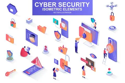 Cyber security bundle of isometric elements. イラスト素材