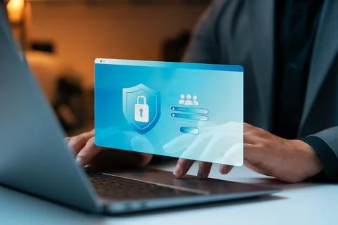 Cyber ??security, businessman using encrypted laptop and smartphone to prot.. Stock Photos