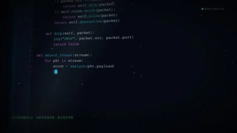 Cyber security code typing terminal editor showing firewall defense. 4K 库存影片 348301172