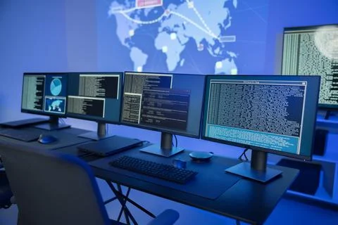 Cyber security command center with multiple monitors displaying data analysis Stock Photos