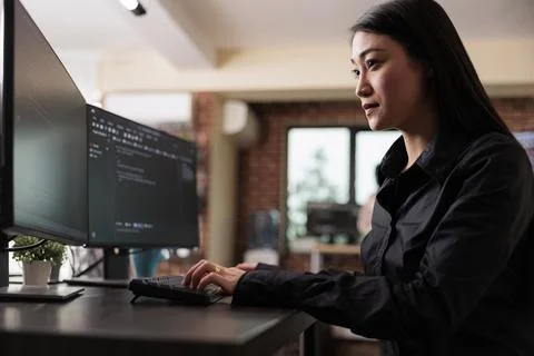 Cyber security company employee developing blockchain based database processing Stock Photos