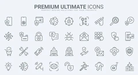 Cyber security for computer, laptop, phone thin line icons set to secure Stock Illustration