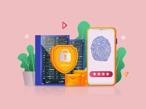 Cyber security concept 3D illustration. Icon composition with smartphone with Illustrazione stock