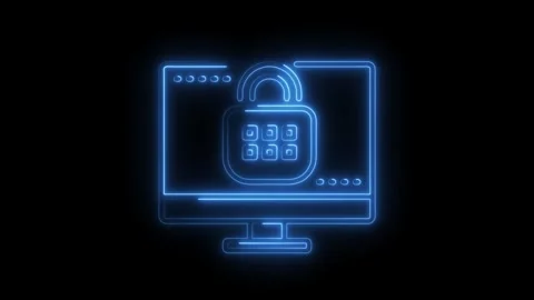 Cyber security concept animation glowing neon lock icon on a computer Video stock 308605389