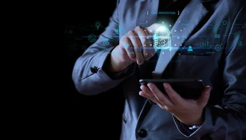 Cyber ??security concept. Businessman unlocking to access digital data in int Stock Photos