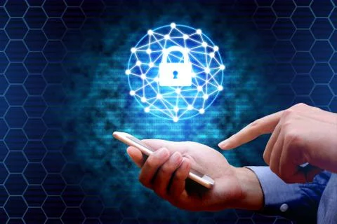 Cyber security concept. businessman using smartphone with lock network icon. Stock Photos