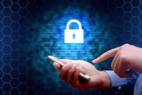 Cyber security concept. businessman using smartphone with lock network icon. Stock Photos