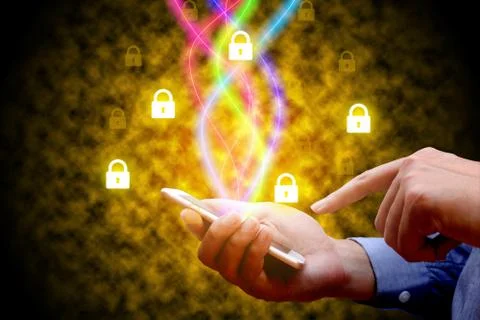 Cyber security concept. Businessman using smartphone and fiber optic with l.. Stock Photos