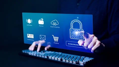Cyber security concept. businessman using computer. internet network. Stock Photos