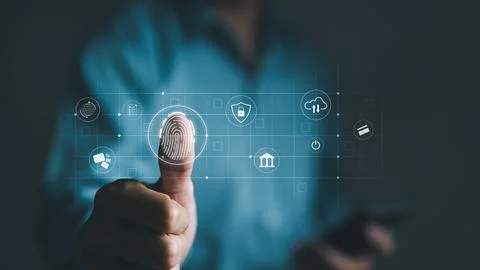 Cyber security concept. Businessman using thumb to scan fingerprint Stock-Fotos