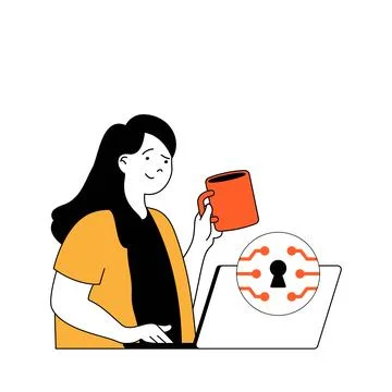 Cyber security concept with cartoon people in flat design for web. Woman us.. 库存插图