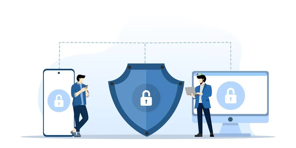 Cyber security concept with characters. Data security, protected access control. Illustrazione stock